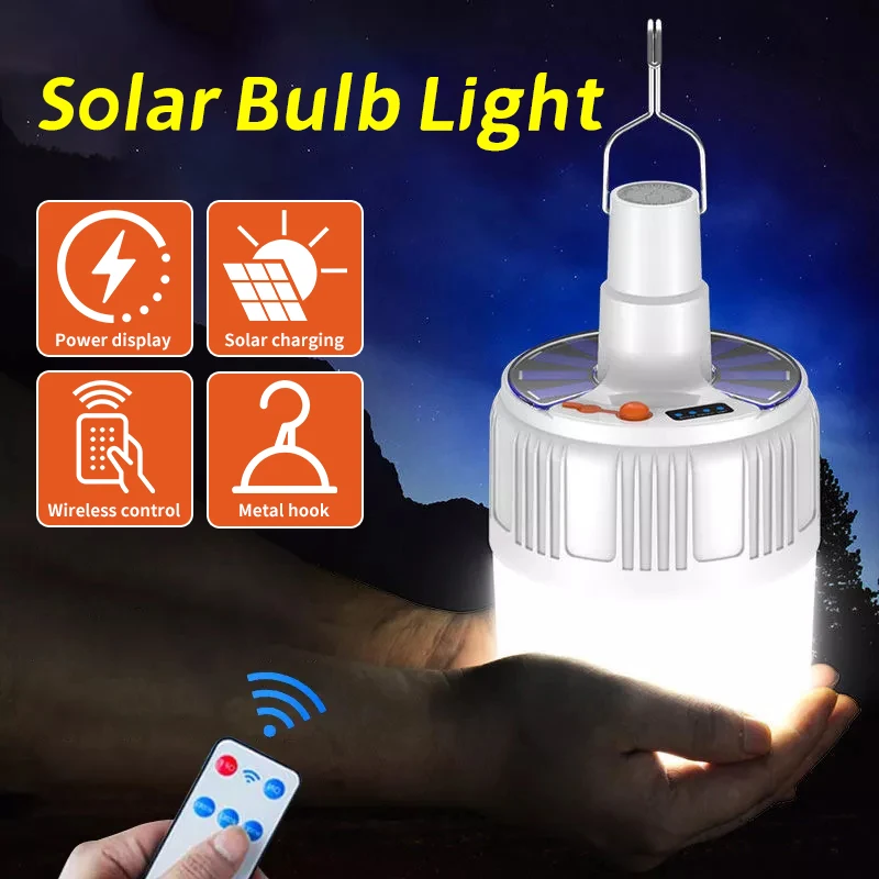 LED Rechargeable Bulb Lights Portable Solar Emergency Lights with Remote Control Outdoor Camping Tent Lanterns Bright Flashlight