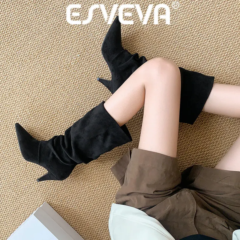 ESVEVA 2027 Fashion Velvet Suede Women Mid Calf Boots News Winter Western Woman Shoes High Heels Pleated Autumn Long Boots 34-40