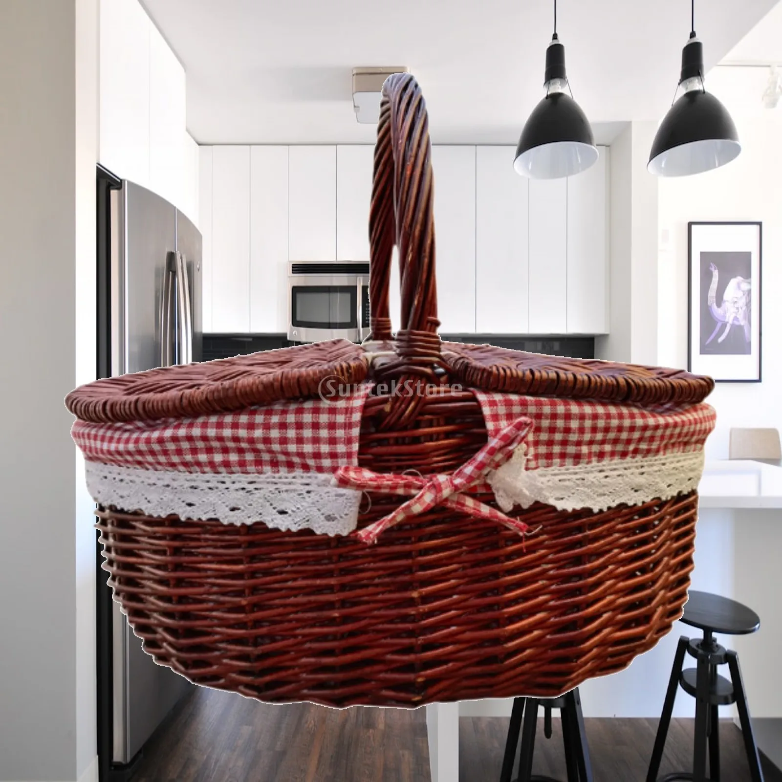 Picnic Basket Wicker Storage Hamper Home Decor with Washable Liner Rustic Beach