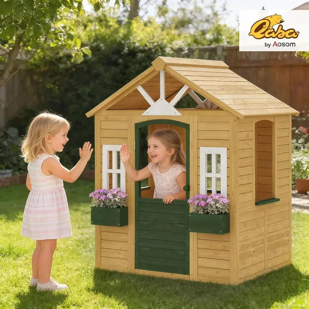 Qaba Outdoor Playhouse, Wooden Kids Playhouse with Working Door, 3 Windows and 2 lower Boxes, Kids Cottage or Backyard Garden, I