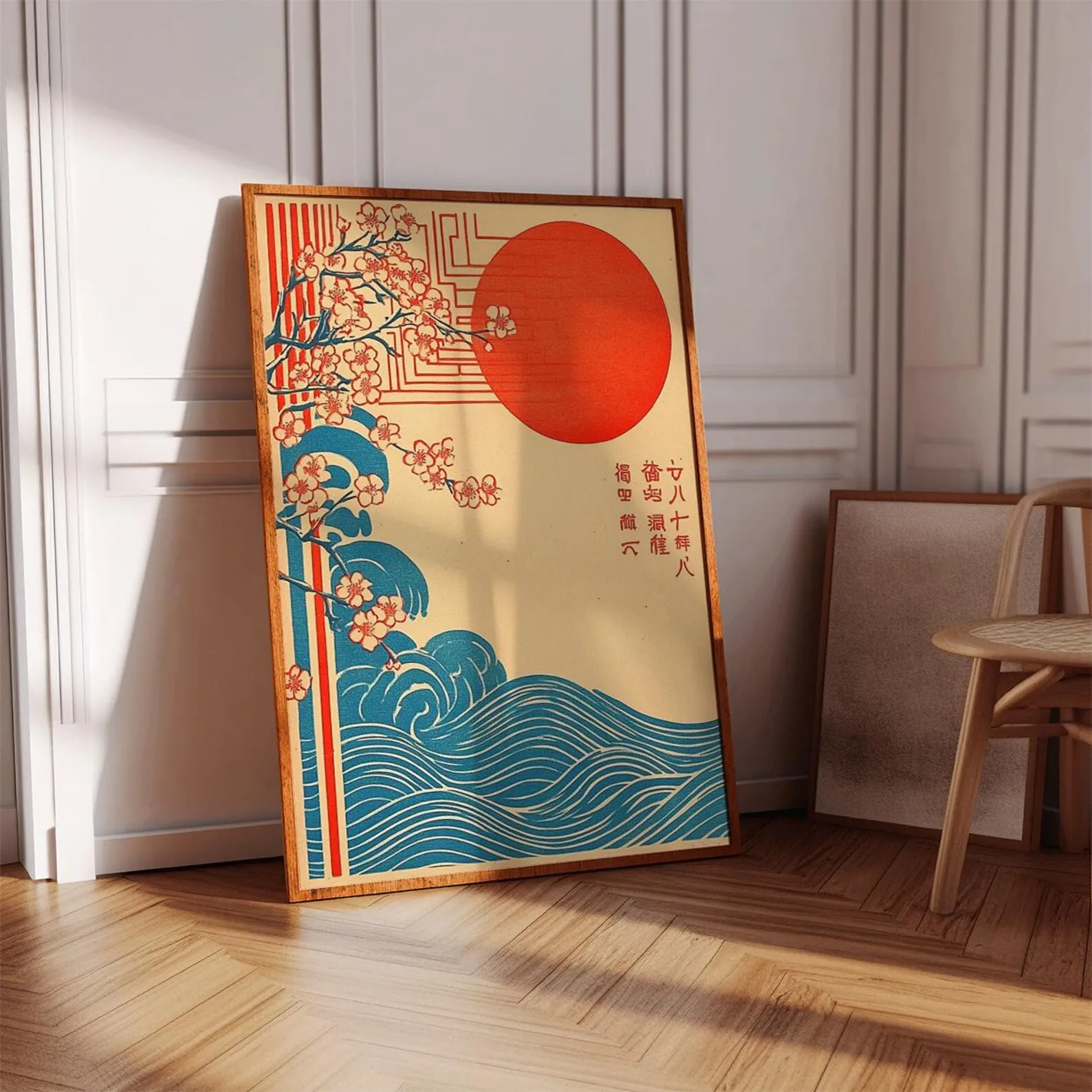 Japanisches Wellen- und Sakura-Poster – rahmenloses Vintage-Wandkunst-Poster im Ukiyo-E-Stil mit Ozeanmotiv, rote Sonne, japanisches Dekor-Poster