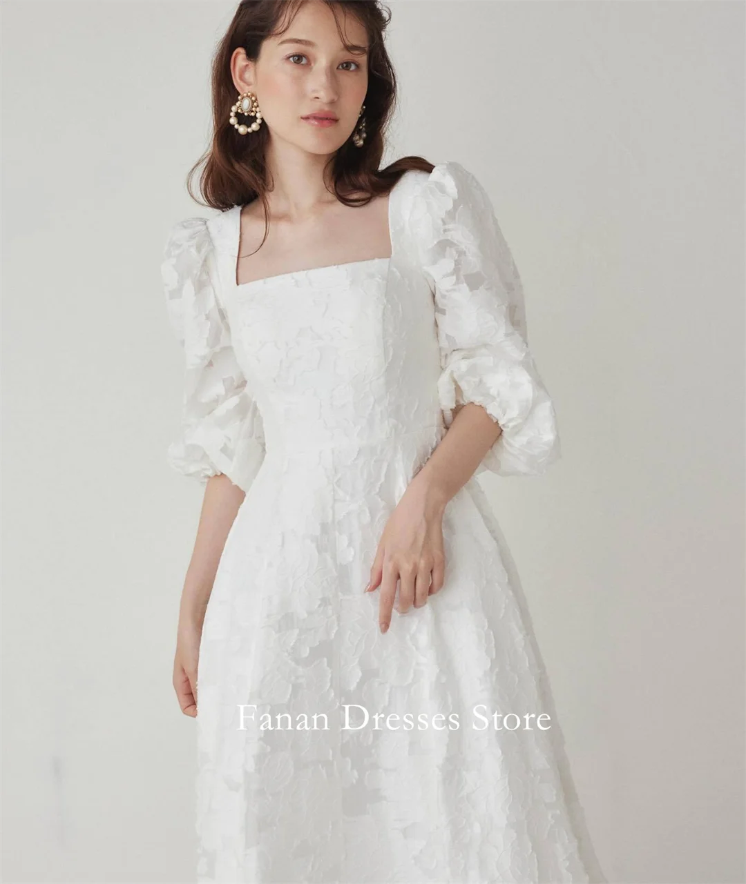 FANAN Korea 스퀘어 넥 레이스 우아한 A 라인 심플 웨딩 드레스 웨딩 드레스 셔링 코르셋 아이보리 맞춤형 예쁜 신부 G