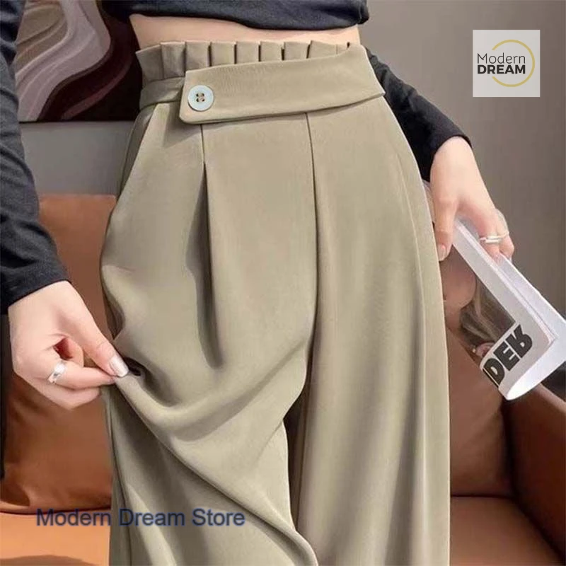 Korean style fashion high waist polyester pants women's summer new loose and slim new drape casual straight wide-leg pants.