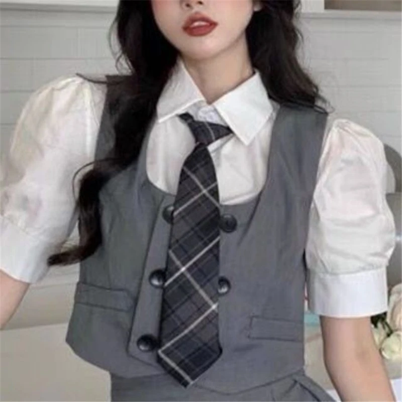 American Hot Girl Style High Waist Pleated Skirt Sets A line JK Uniform Suitd Short-sleeved Shirt and Tie Vest Female Summer