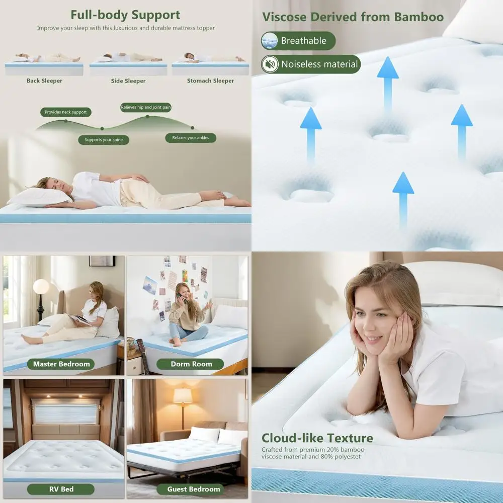 

Топпер для матраса Queen из бамбуковой вискозы с подушкой из пены с эффектом памяти, глубоким карманом, дышащий для облегчения боли в спине, 60x80, белый