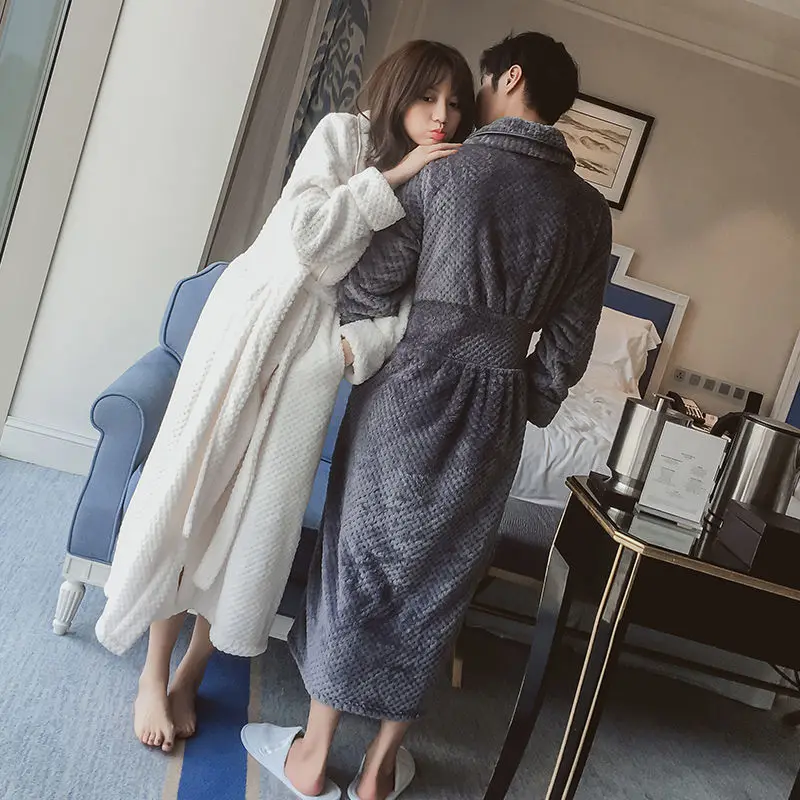 Flannel Couple Sleepwear Autumn Winter Warm Pajamas Large Size Nightgown Robe Long Sleeve Belt Coral Velvet Loungewear Bathrobe