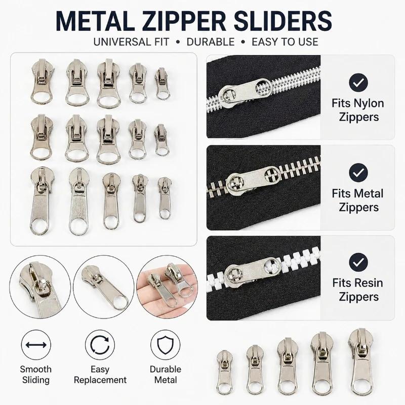 

30/50Pcs 3#5#8# Metal Zipper Sliders Pull Heads for Nylon Resin Metal Zips Bags Garments Jackets Repair DIY Sewing Accessories