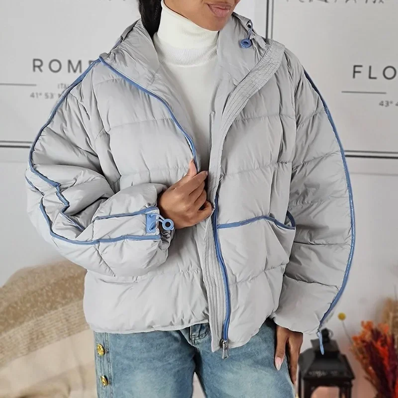 Women's Cropped Puffer Jacket Contrast Color Piping Stand Collar Zip Up Loose Fit Warm Padded Coat Female Casual Commuter Outfit