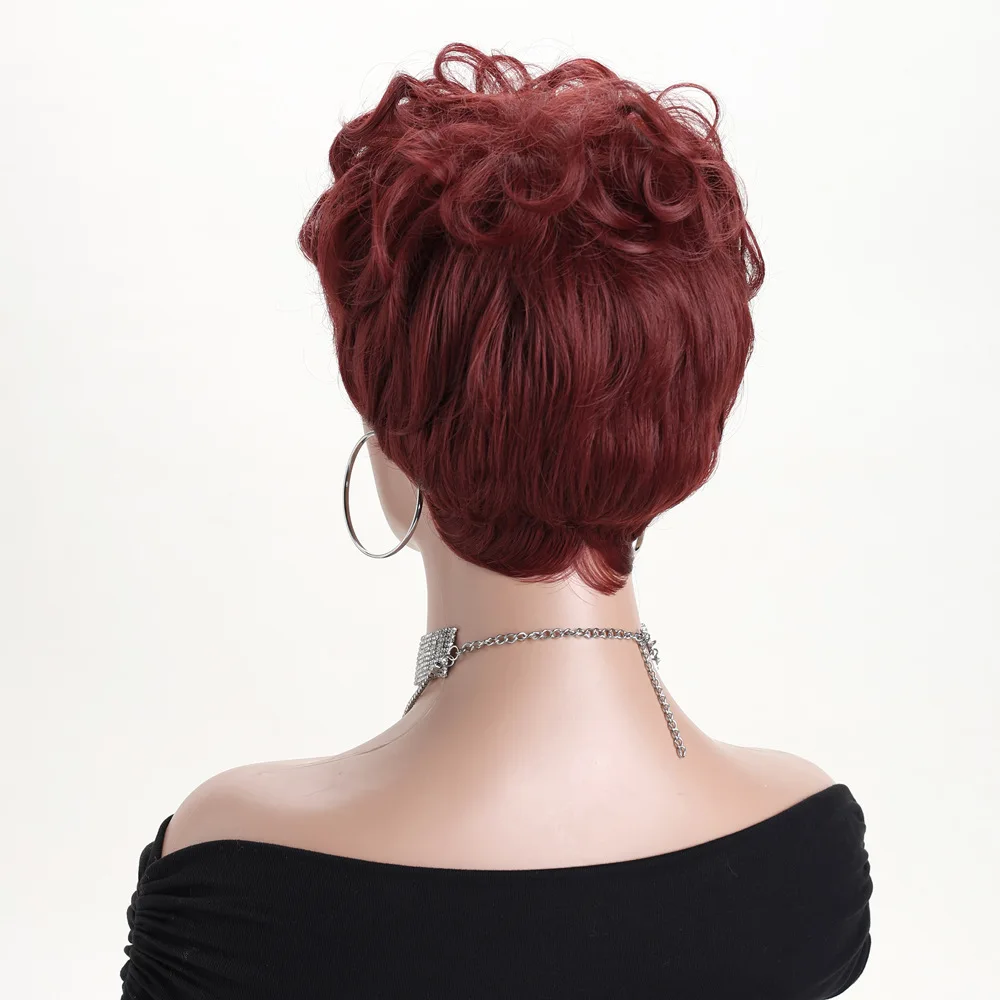 شعر مستعار قصير بيكسي للنساء ذوات البشرة السمراء، شعر صناعي مجعد طبيعي مموج أسود، شعر مستعار أنيق قصير أنثوي