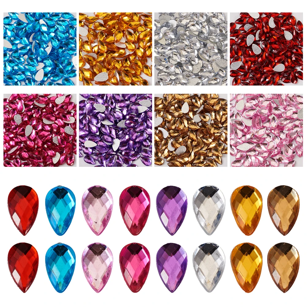 

1600Pcs 8 Colors Transparent Faceted Teardrop Horse Eye Acrylic Hotfix Rhinestone Flat Back Cabochons for DIY Jewelry Garment