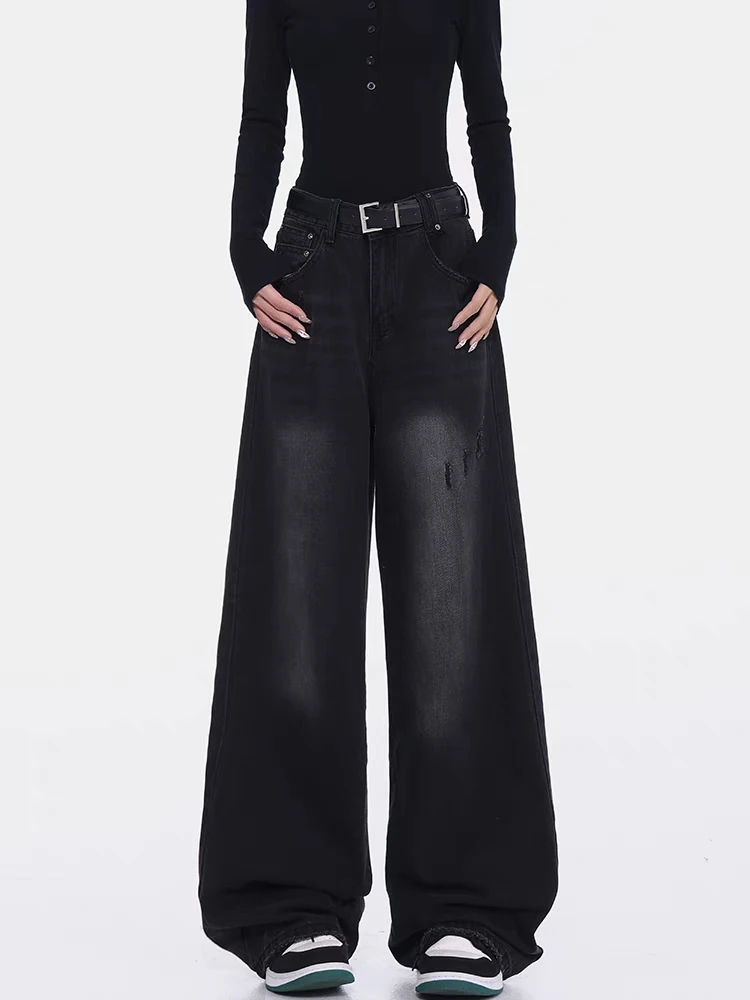 

Summer Women's Street Style Wide-leg Black Jeans Daily Outfit Vintage Trousers Cool Girl Bottoms Female High Waist Baggy Pants