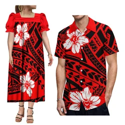 Custom Couple Suit Women'S Square Neck Dress Mumu Ethnic Dress With Hawaiian Polynesian Tribe Men'S Button-Up Shirt