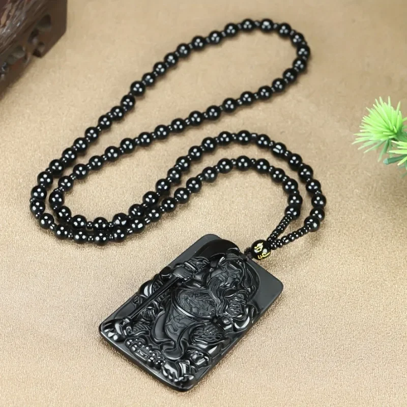 Elegant Obsidian Guan Gong Pendant Natural Stone Guan Yu Samurai Amulet