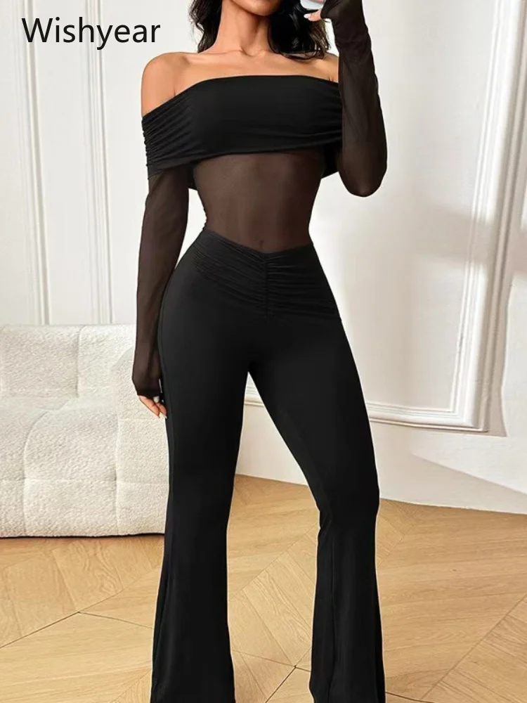 Burgundy Off Shoulder Sheer Mesh Jumpsuit for Women Long Sleeve Ruched Flared Leg Pants Rompers One Pieces Evening Wear Clubwear