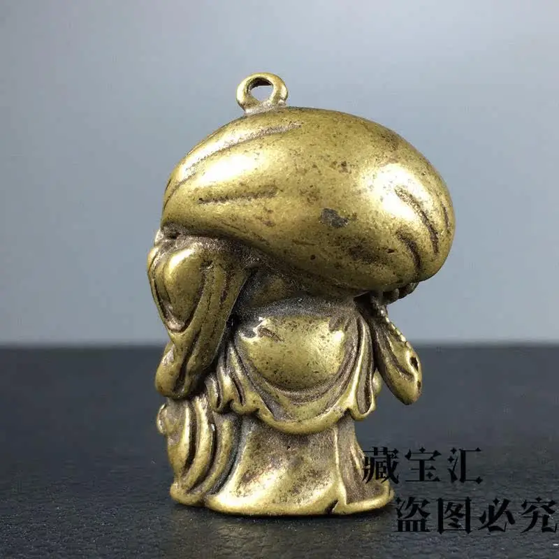 Vintage Antique Old Item Pure Solid Brass Bag Maitreya Buddha Mini Pendant Carved Brass Bring Good Fortune