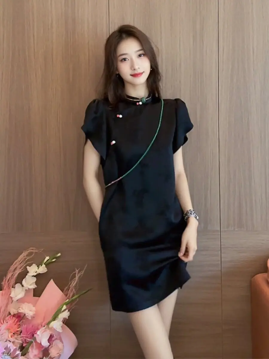 

Модное новое черное платье в китайском стиле, улучшенное ципао, элегантная женская одежда в национальном стиле, стандартный крой, полиэстер