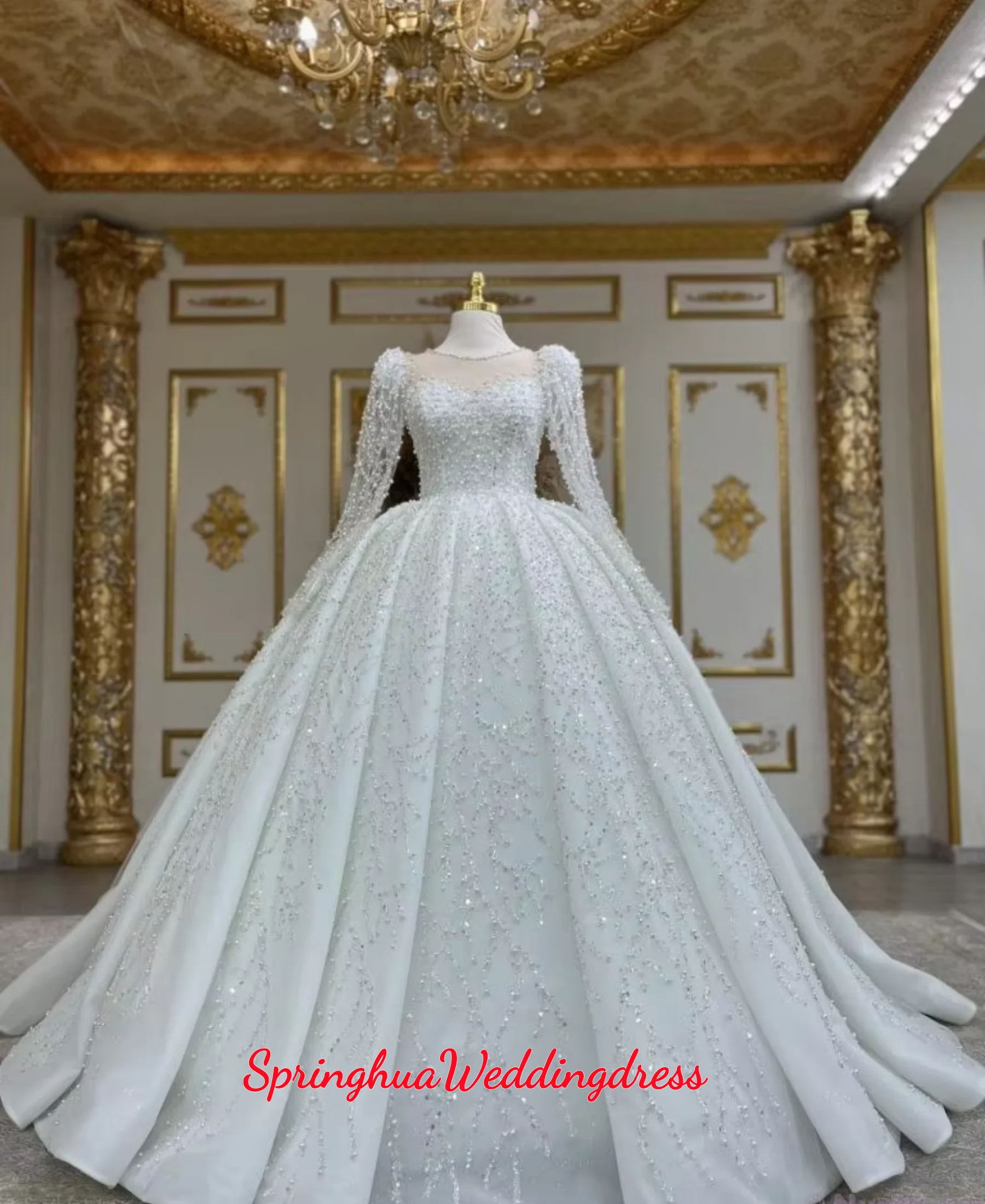 Customized Luxury New Arrival Full Beaded Long Sleeve Ball Gown WeddingDress Sparkly Glitter Tulle Court Train Vestidos De Novia