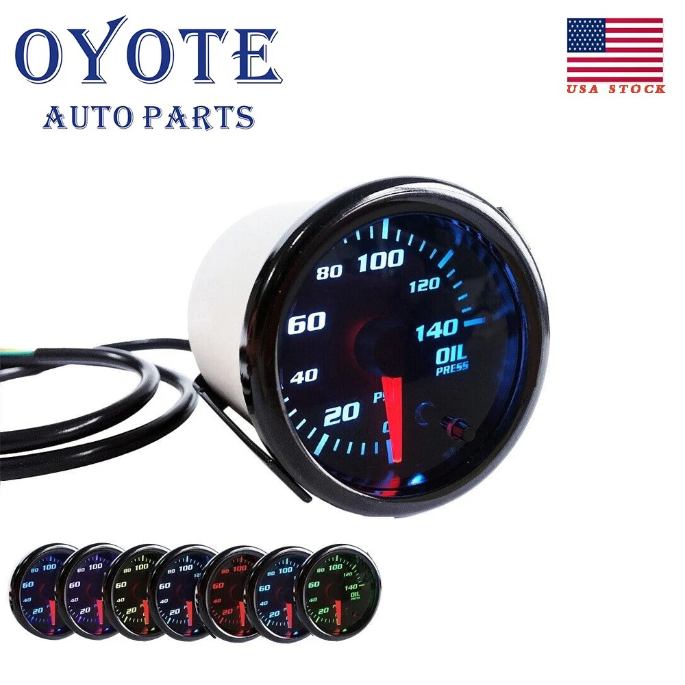 OYOTE 2'' 52mm 7 Color LED Digital 0-140 PSI Oil Pressure Gauge Meter W/ Sensor