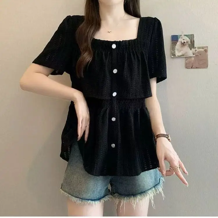 

French Square-neck Lace White Blouse for Women Summer Ruffled Short-sleeved Top That Conceals Flaws and Slims the Figure