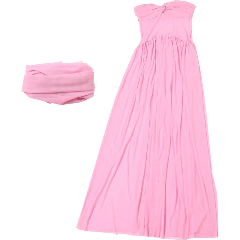 Vrouwen elegante sexy pure mesh patchwork geplooide maxi feestjurk met sjaal lint twist strapless vakantie strandoutfits gewaad