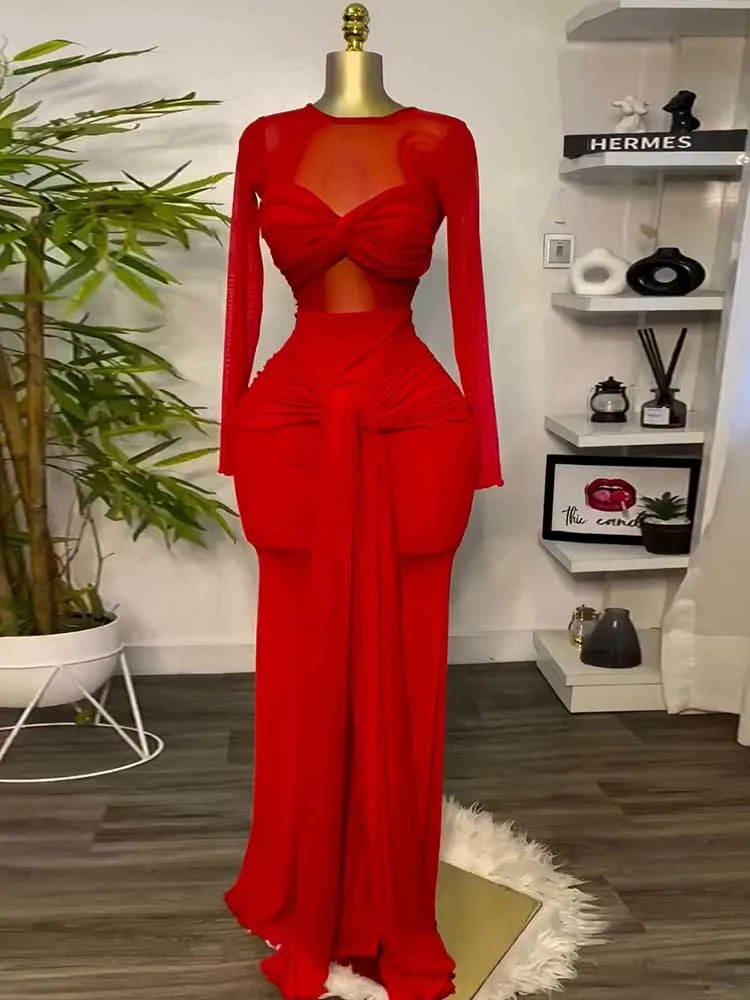 Female Clothing Transparent Bodycon Dress Long Sleeve Solid Color Women Flowy Autumn Dress Stretch Sexy Elegant Dress Ladies