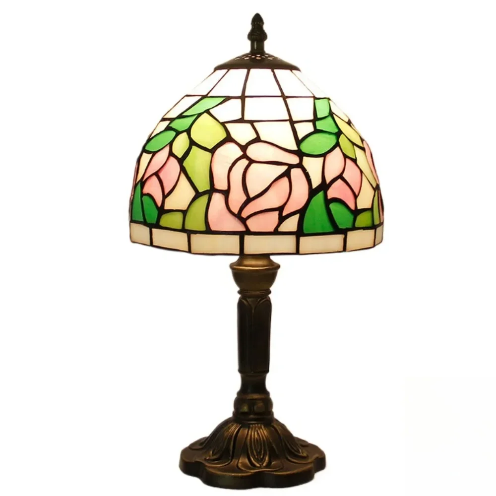 8inch American Living Room Bedroom Night Light Villa Hotel Desk Lamp Tiffany Stained Glass Pink Roses Lampshade Table Lamp