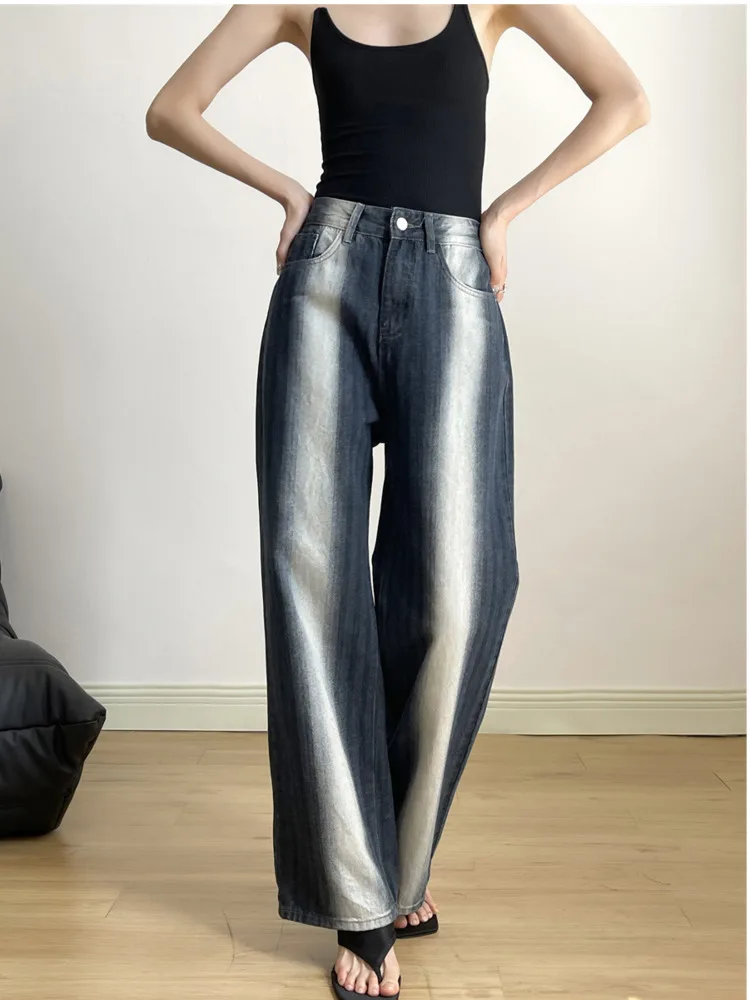 Fashion Gradient Washed Jeans Women's 2024 Spring Summer New Straight Leg Casual Wide Leg Pants