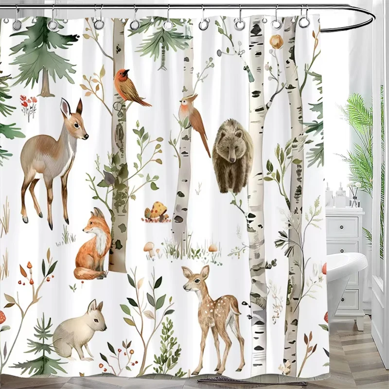 Winter Forest Animals Shower Curtain Black Bear Fox Deer Squirrel Rabbit Watercolour Art Scenery Bath Curtain Set Bathroom Decor