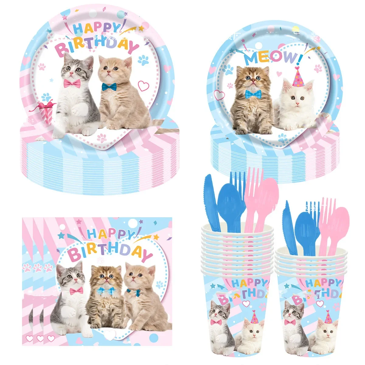 8Guests Cat Theme Birthday Disposable Tableware Cat Plates Cups Napkins Girls Happy Kitty Theme One 1st Birthday Party Decor