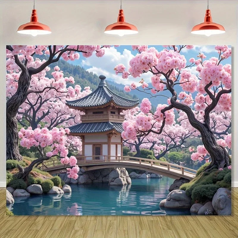 VIKAMA Cherry Blossom Garden Tapestry Asian Pavilion Bridge Lake Mountain Scenery Wall Hanging for Bedroom Home Decor
