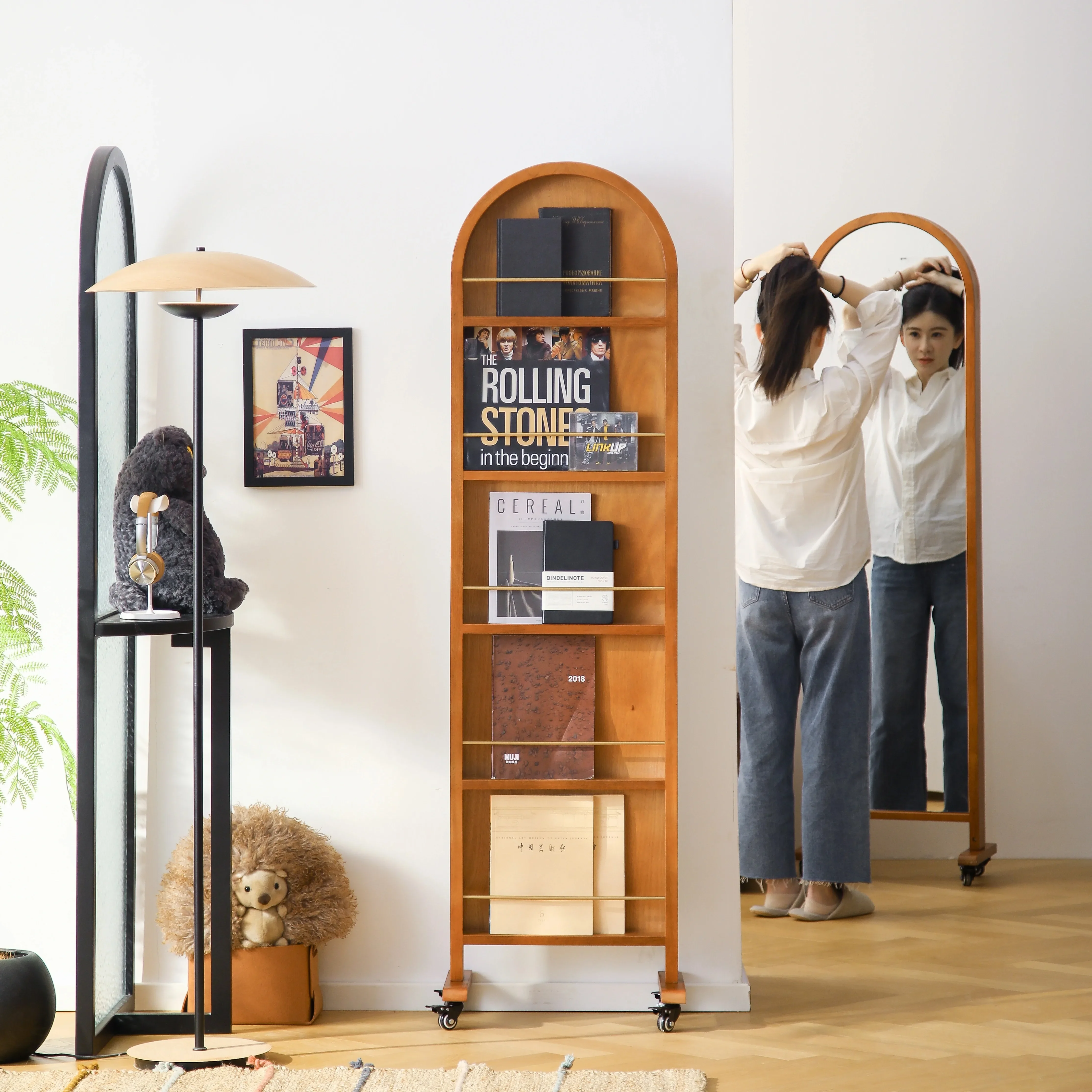 Medieval retro solid wood full-body mirror floor-to-ceiling full-length mirror bookshelf integrated bedroom home removable