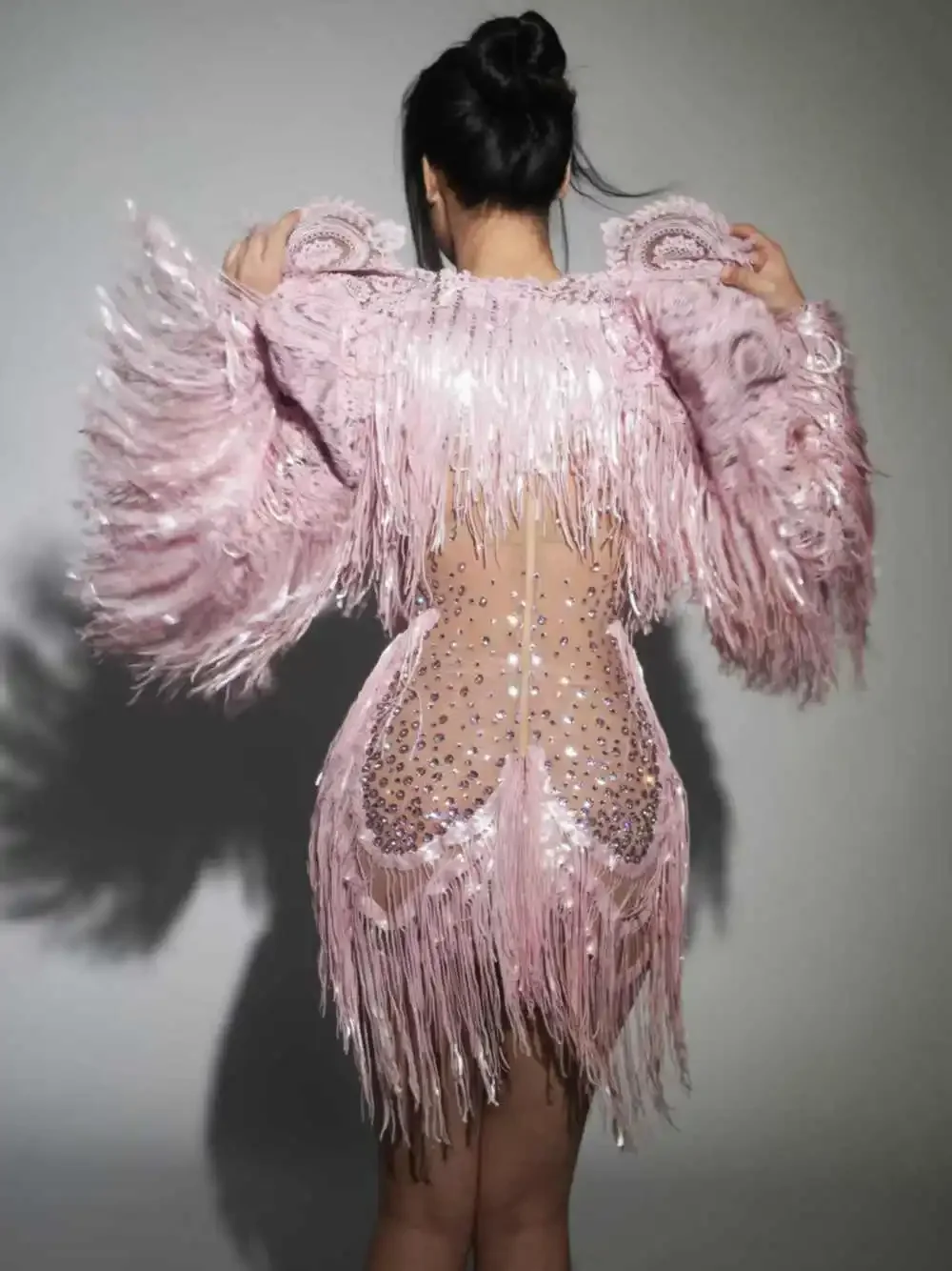 أحجار الراين الترتر شرابات فستان قصير شال 2 قطعة مجموعة مثير شفافة عيد ميلاد ملابس رقص المغني المرحلة ارتداء