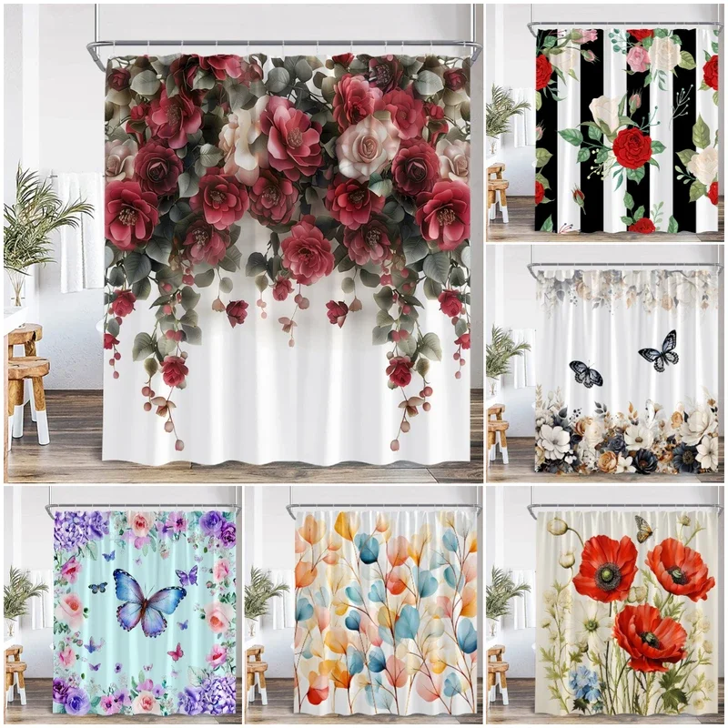 Butterfly Floral Shower Curtain Boho Flower Poppy Purple Blossom 3D Flowers Elegant Modern Bathroom Decor Polyester Bath Curtain