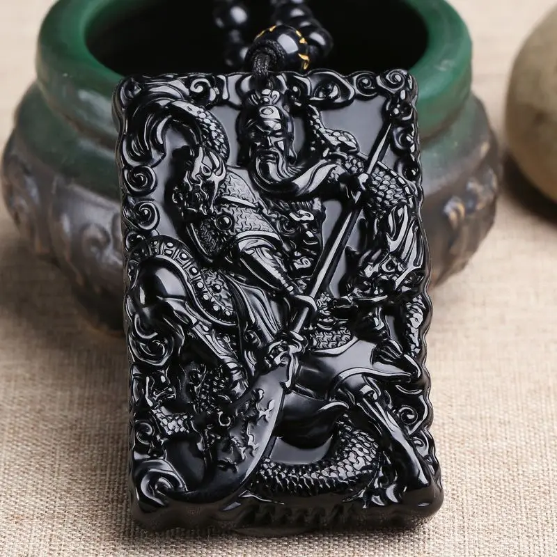 Double-Sided Carved Natural Obsidian Guan Gong Pendant Men's Wu God Of Wealth Guanyu Necklace High-Grade Jewelry