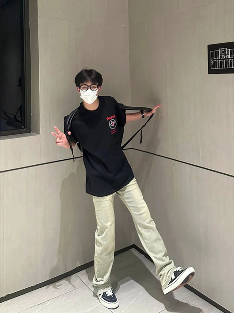 

Waed Vintage Mud Color Jeans American High Street Vibe Micro Flared Pants Men's Heightening Slim Straight Long Trousers