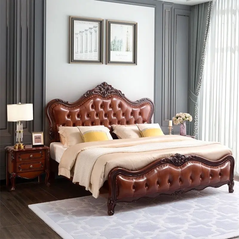 

European for Solid Wood King Double Bed 1.8/1.5 Meters Master Bedroom Retro Carved Minimalist Wedding Bed