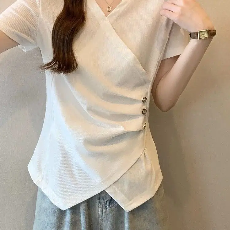 Summer Plus Size Women's New Arrival Solid Color Waist-Cinching Button Spliced Irregular V-Neck Short Sleeve T-Shirt