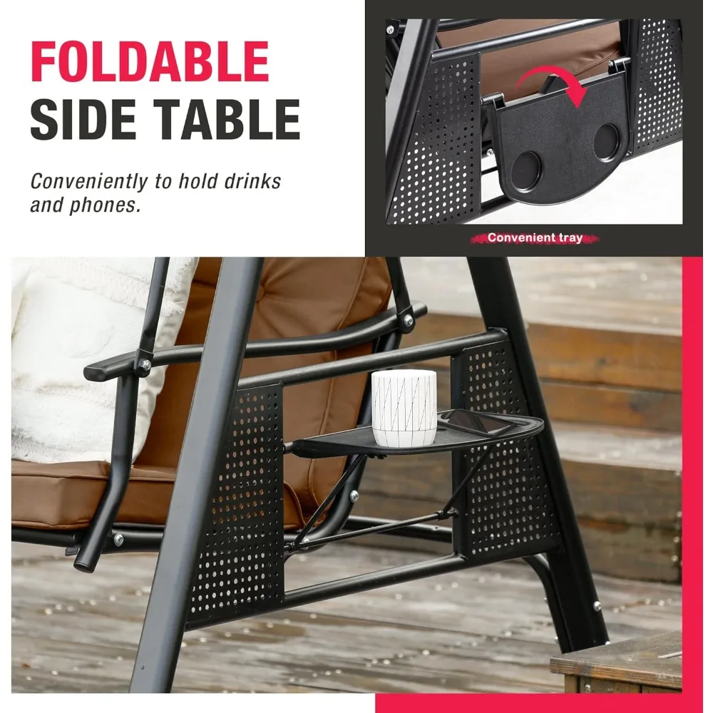 3인용 포치 스윙, 전천후 강철 프레임, 조절 가능한 캐노피 스윙 의자, 탈부착 가능한 쿠션 및 베개 해먹