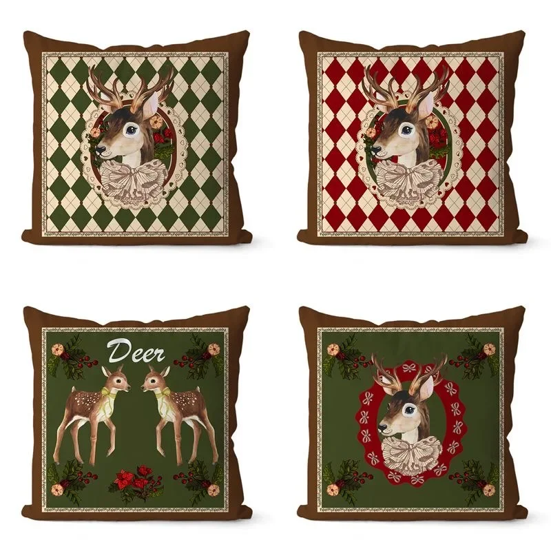 Beauty Retro Style Elk Pattern Pillowcase Sofa Cushion Cover Bedside Pillowcase Square Girlfriend Gift