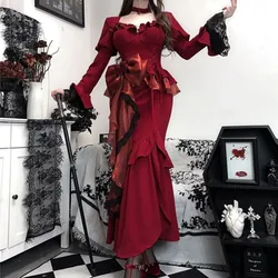 Autumn Red Vintage Dress Women French Style Patchwork Lace Elegant Slim Sexy Slit Dress Female Long Sleeve Chic Party Dress 2024