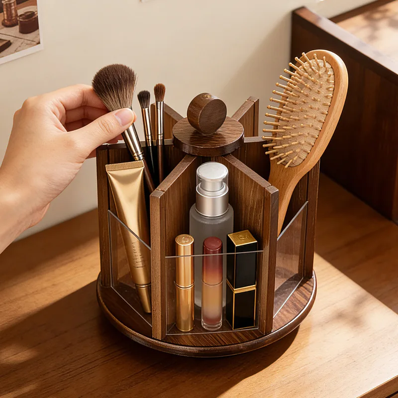 Wooden retro rotating cosmetics, skincare products, dressing table, storage box components, drawer style storage box, shelf