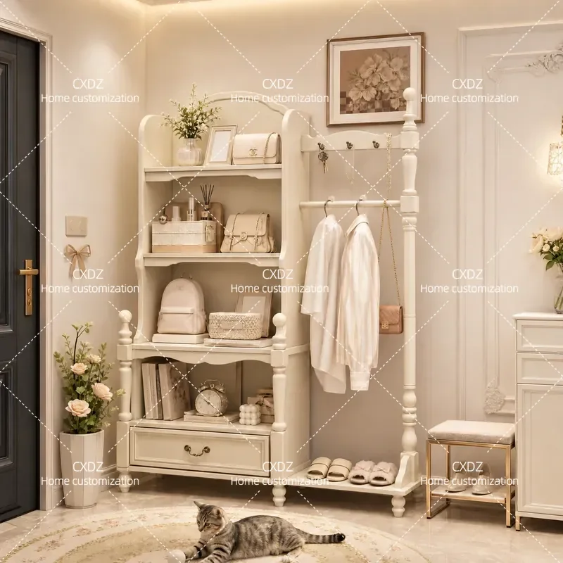 Cream Solid Wood Coat Rack Cabinet Level Entrance Bedroom Study Integrated Storage Clothing Rack