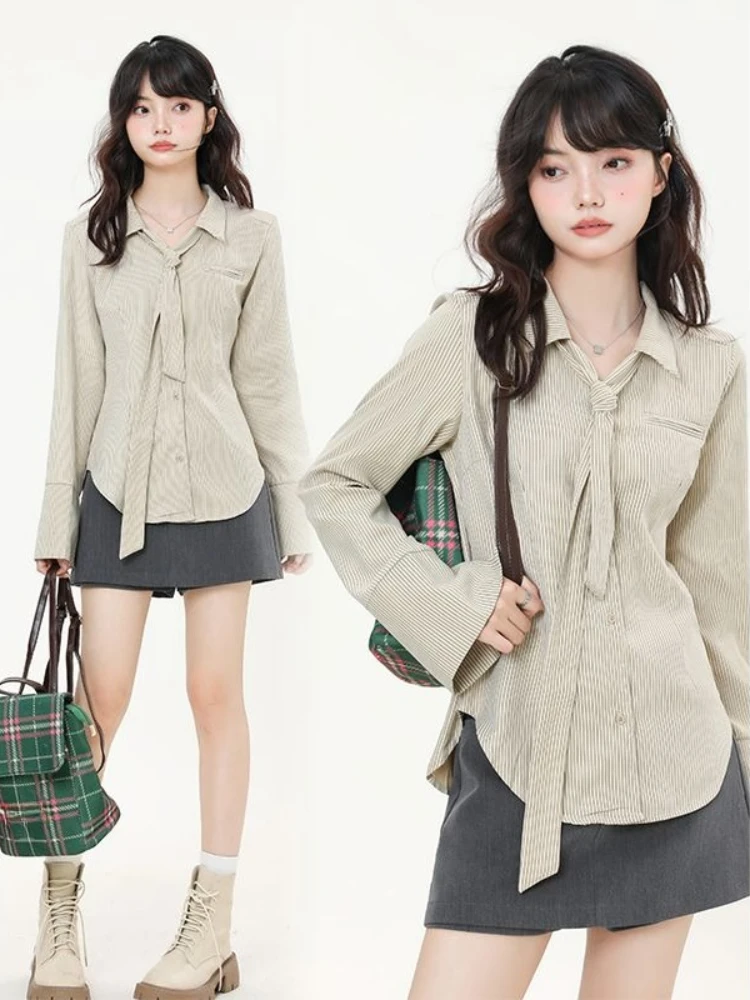 

Элегантные винтажные рубашки, офисная женская осенняя одежда на пуговицах, свободная повседневная корейская модная блузка с длинными рукавами, футболки Y2k, женские футболки