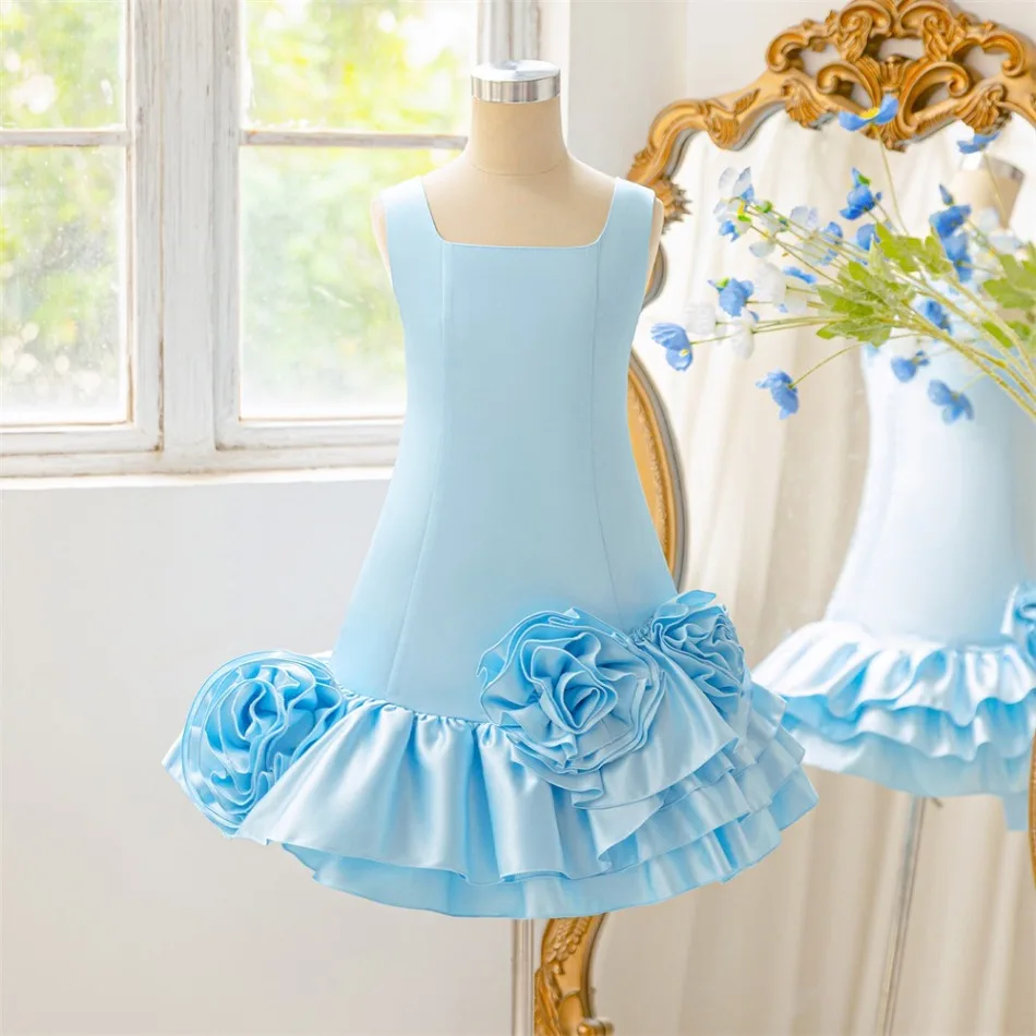 Girls Light Blue Satin Dress Square Neck Floral Ruffle Hem Elegant Wedding Birthday Party Princess Gown Kids Pageant Dress ASQ03