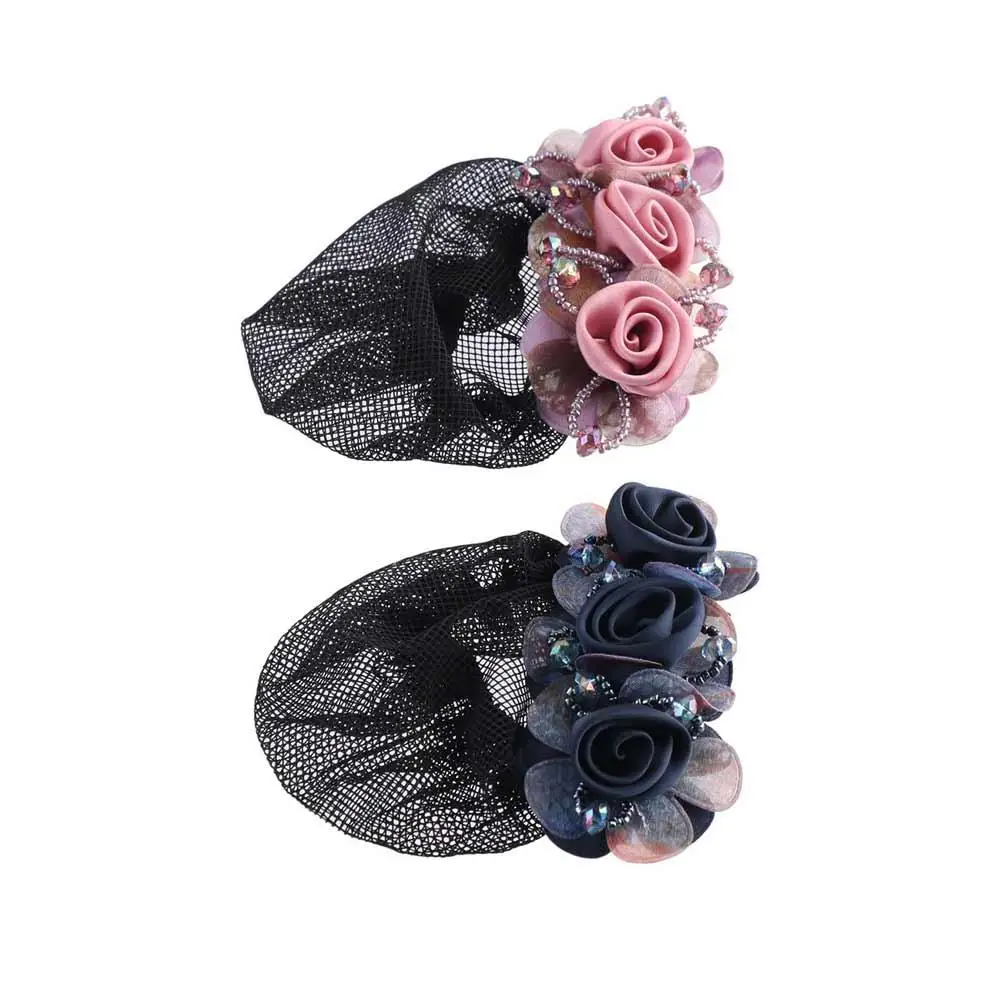 Flight Attendant Barrettes Crochet Hair Clip Spring Clip Beaded Flower Bun Snood Women Bun Net Zircon Crystal Hairnet Cover