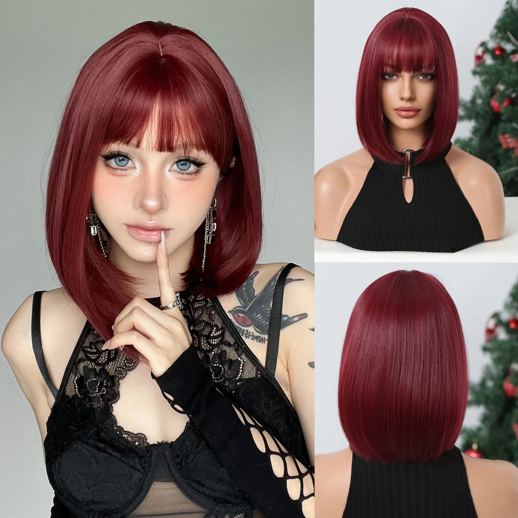 

Burgundy Bob Short Synthetic Wigs With Thick Bangs For Women Christmas Party Cosplay Wigs Heat Resistant Wig Colorful Fake Hair