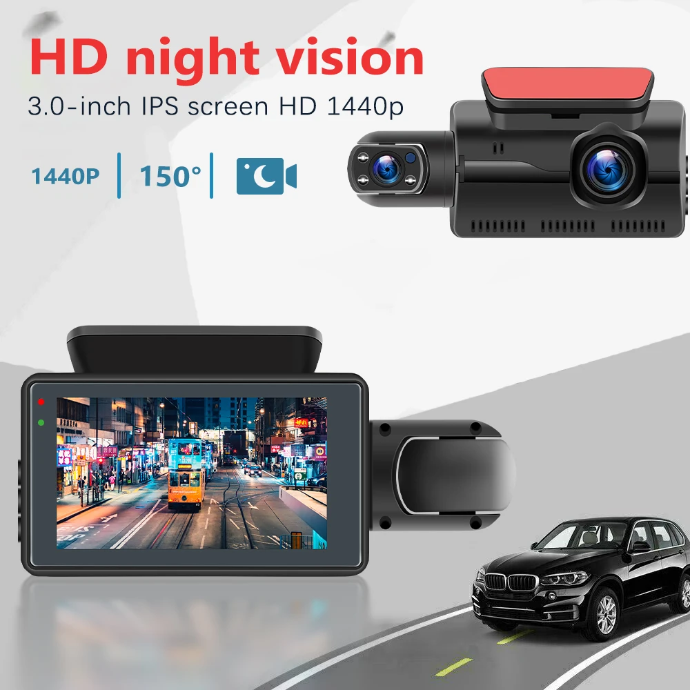 Podofo 3.0" Dash Cam Car Driving Recorder Front & Interior Dual Lens Camera DVR Car Parking Reversing Driving Night Vision