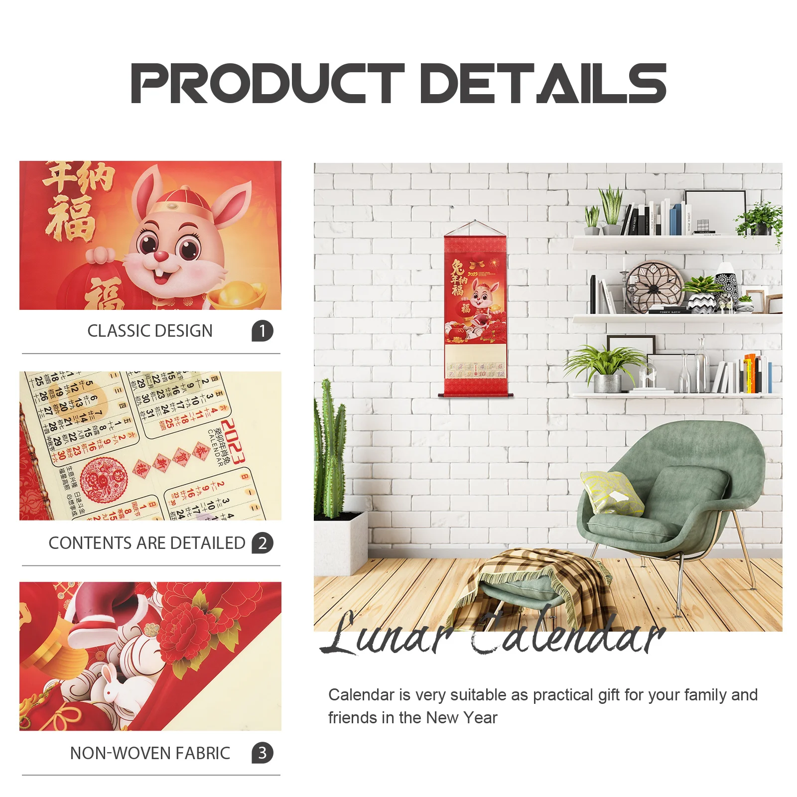 

2023 Rabbit Year Traditional Chinese Style Hanging Calendar Clear Printed Monthly Wall Calendar Household Office