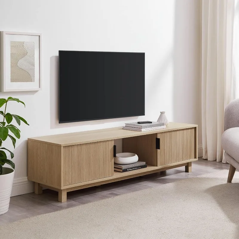 Walton Modern pintu bergalur dudukan rendah untuk TV hingga 65 inci, 58 inci, Pantai Oak