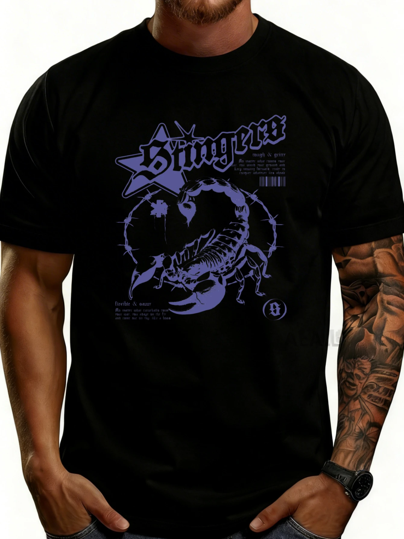 Graphic Design Men's T-Shirt, Scorpion and Star Pattern, Summer Casual Men's Wear, Bold Tattoo Style, Perfect Gift for Him